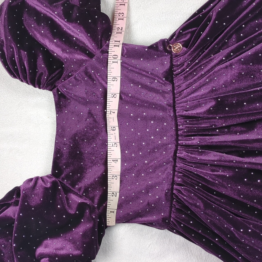 Angel & Rocket Purple Velvet Diamante Studs Puff Sleeve Dress - Size 6 - Picture 9 of 13